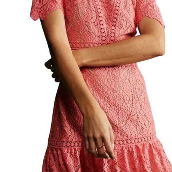 Saylor Darian Open Back Ruffle Mini Cocktail Dress Lace Crochet Coral Women XL - Picture 3 of 15